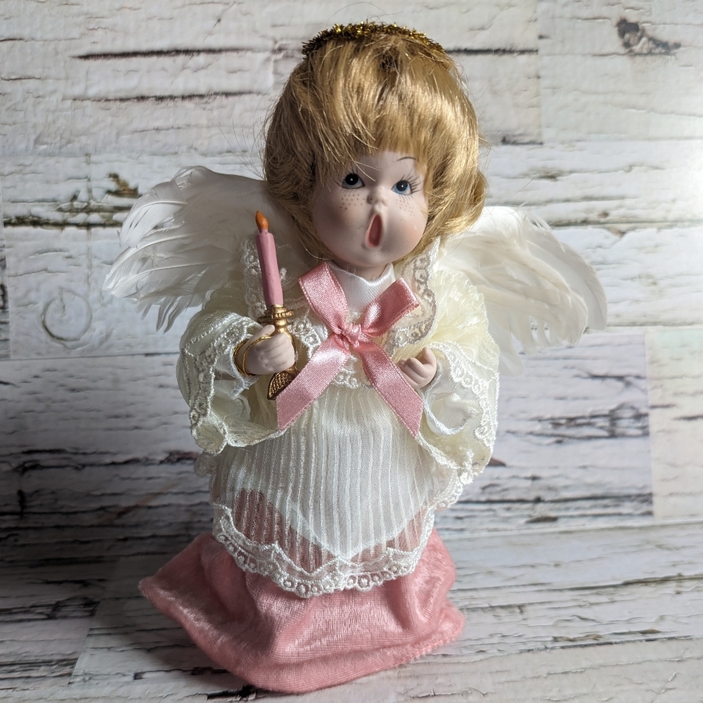 Vintage Angel Holding Candle Christmas Tree Topper from Eaton's Pink & Cream